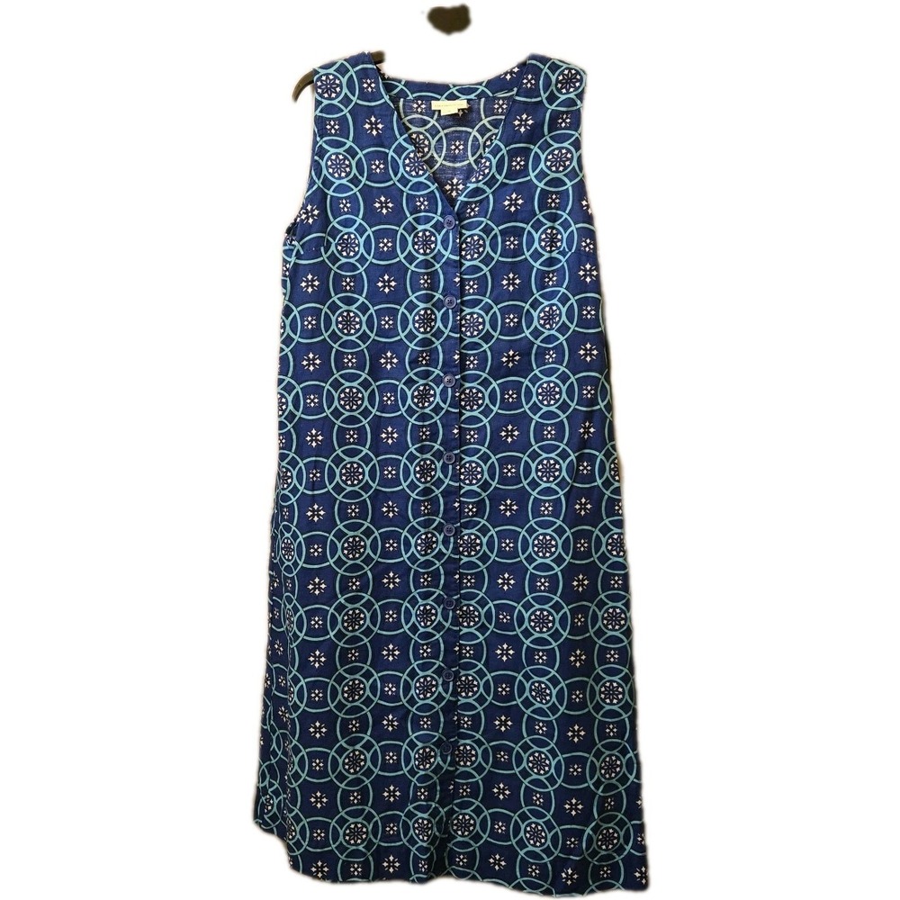 Liz Claiborne Linen Blend Button Down Shirt Dress Sz Medium M Blue Mandala